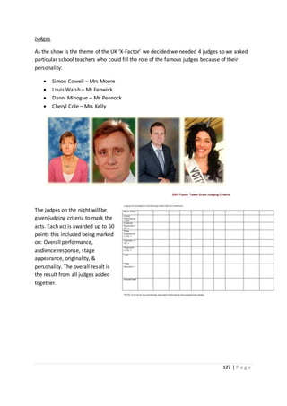 127 | P a g e
Judges
As the show is the theme of the UK ‘X-Factor’ we decided we needed 4 judges so we asked
particular school teachers who could fill the role of the famous judges because of their
personality:
 Simon Cowell – Mrs Moore
 Louis Walsh – Mr Fenwick
 Danni Minogue – Mr Pennock
 Cheryl Cole – Mrs Kelly
The judges on the night will be
given judging criteria to mark the
acts. Each act is awarded up to 60
points this included being marked
on: Overall performance,
audience response, stage
appearance, originality, &
personality. The overall result is
the result from all judges added
together.
 