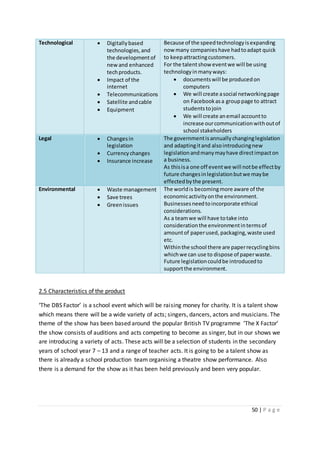 50 | P a g e
Technological  Digitallybased
technologies,and
the development of
newand enhanced
techproducts.
 Impact of the
internet
 Telecommunications
 Satellite andcable
 Equipment
Because of the speedtechnologyisexpanding
now many companieshave hadtoadapt quick
to keepattractingcustomers.
For the talentshow eventwe will be using
technologyinmanyways:
 documentswill be producedon
computers
 We will create asocial networkingpage
on Facebookasa grouppage to attract
studentstojoin
 We will create anemail accountto
increase ourcommunicationwithoutof
school stakeholders
Legal  Changesin
legislation
 Currencychanges
 Insurance increase
The governmentisannuallychanginglegislation
and adaptingitand alsointroducingnew
legislationandmanymayhave directimpacton
a business.
As thisisa one off eventwe will notbe effectby
future changesinlegislationbutwe maybe
effectedbythe present.
Environmental  Waste management
 Save trees
 Greenissues
The worldis becomingmore aware of the
economicactivityonthe environment.
Businessesneedtoincorporate ethical
considerations.
As a teamwe will have totake into
considerationthe environmentintermsof
amountof paperused, packaging,waste used
etc.
Withinthe school there are paperrecyclingbins
whichwe can use to dispose of paperwaste.
Future legislationcouldbe introducedto
supportthe environment.
2.5 Characteristics of the product
‘The DBS Factor’ is a school event which will be raising money for charity. It is a talent show
which means there will be a wide variety of acts; singers, dancers, actors and musicians. The
theme of the show has been based around the popular British TV programme ‘The X Factor’
the show consists of auditions and acts competing to become as singer, but in our shows we
are introducing a variety of acts. These acts will be a selection of students in the secondary
years of school year 7 – 13 and a range of teacher acts. It is going to be a talent show as
there is already a school production team organising a theatre show performance. Also
there is a demand for the show as it has been held previously and been very popular.
 