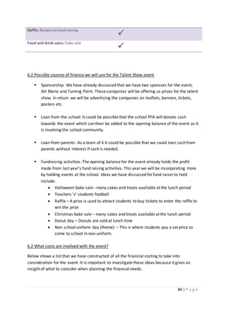 84 | P a g e
Raffle:Relatestofundraising

Food and drink sales:Cake sale

6.2 Possible sources of finance we will use for the Talent Show event
 Sponsorship: We have already discussed that we have two sponsors for the event,
Art Marie and Turning Point. These companies will be offering us prizes for the talent
show. In return we will be advertising the companies on leaflets, banners, tickets,
posters etc.
 Loan from the school: It could be possible that the school PFA will donate cash
towards the event which can then be added to the opening balance of the event as it
is involving the school community.
 Loan from parents: As a team of 6 it could be possible that we could loan cash from
parents without interest if cash is needed.
 Fundraising activities: The opening balance for the event already holds the profit
made from last year’s fund raising activities. This year we will be incorporating more
by holding events at the school. Ideas we have discussed for fund raiser to hold
include:
 Halloween bake sale - many cakes and treats available at the lunch period
 Teachers ‘v’ students football
 Raffle – A prize is used to attract students to buy tickets to enter the raffle to
win the prize
 Christmas bake sale – many cakes and treats available at the lunch period
 Donut day – Donuts are sold at lunch time
 Non school uniform day (theme) – This is where students pay a set price to
come to school in non-uniform.
6.2 What costs are involved with the event?
Below shows a list that we have constructed of all the financial costing to take into
consideration for the event. It is important to investigate these ideas because it gives an
insight of what to consider when planning the financial needs.
 