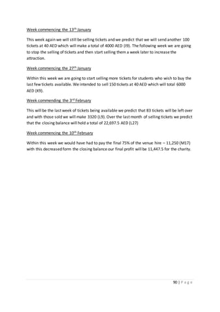 90 | P a g e
Week commencing the 13th January
This week again we will still be selling tickets and we predict that we will send another 100
tickets at 40 AED which will make a total of 4000 AED (I9). The following week we are going
to stop the selling of tickets and then start selling them a week later to increase the
attraction.
Week commencing the 27th January
Within this week we are going to start selling more tickets for students who wish to buy the
last few tickets available. We intended to sell 150 tickets at 40 AED which will total 6000
AED (K9).
Week commending the 3rd February
This will be the last week of tickets being available we predict that 83 tickets will be left over
and with those sold we will make 3320 (L9). Over the last month of selling tickets we predict
that the closing balance will hold a total of 22,697.5 AED (L27)
Week commencing the 10th February
Within this week we would have had to pay the final 75% of the venue hire – 11,250 (M17)
with this decreased form the closing balance our final profit will be 11,447.5 for the charity.
 