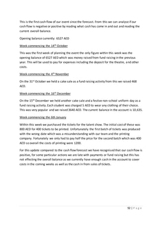 92 | P a g e
This is the first cash flow of our event since the forecast. From this we can analyse if our
cash flow is negative or positive by reading what cash has come in and out and reading the
current overall balance.
Opening balance currently: 6527 AED
Week commencing the 14th October
This was the first week of planning the event the only figure within this week was the
opening balance of 6527 AED which was money raised from fund raising in the previous
year. This will be used to pay for expenses including the deposit for the theatre, and other
costs.
Week commencing the 4th November
On the 31st October we held a cake sale as a fund raising activity from this we raised 468
AED.
Week commencing the 16th December
On the 15th December we held another cake sale and a festive non-school uniform day as a
fund raising activity. Each student was charged 5 AED to wear any clothing of their choice.
This was very popular and we raised 3640 AED. The current balance in the account is 10,635.
Week commencing the 6th January
Within this week we purchased the tickets for the talent show. The initial cost of these was
800 AED for 400 tickets to be printed. Unfortunately the first batch of tickets was produced
with the wrong date which was a misunderstanding with our team and the printing
company. Fortunately we only had to pay half the price for the second batch which was 400
AED so overall the costs of printing were 1200.
For this update compared to the cash flow forecast we have recognised that our cash flow is
positive, for some particular actions we are late with payments or fund raising but this has
not effecting the overall balance as we currently have enough cash in the account to cover
costs in the coming weeks as well as the cash in from sales of tickets.
 