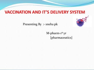 st
VACCINATION AND IT’S DELIVERY SYSTEM
Presenting By :- sneha pk
M-pharm-1 yr
[pharmaceutics]
 