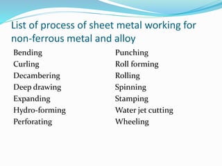 List of process of sheet metal working for
non-ferrous metal and alloy
Bending
Curling
Decambering
Deep drawing
Expanding
Hydro-forming
Perforating
Punching
Roll forming
Rolling
Spinning
Stamping
Water jet cutting
Wheeling
 