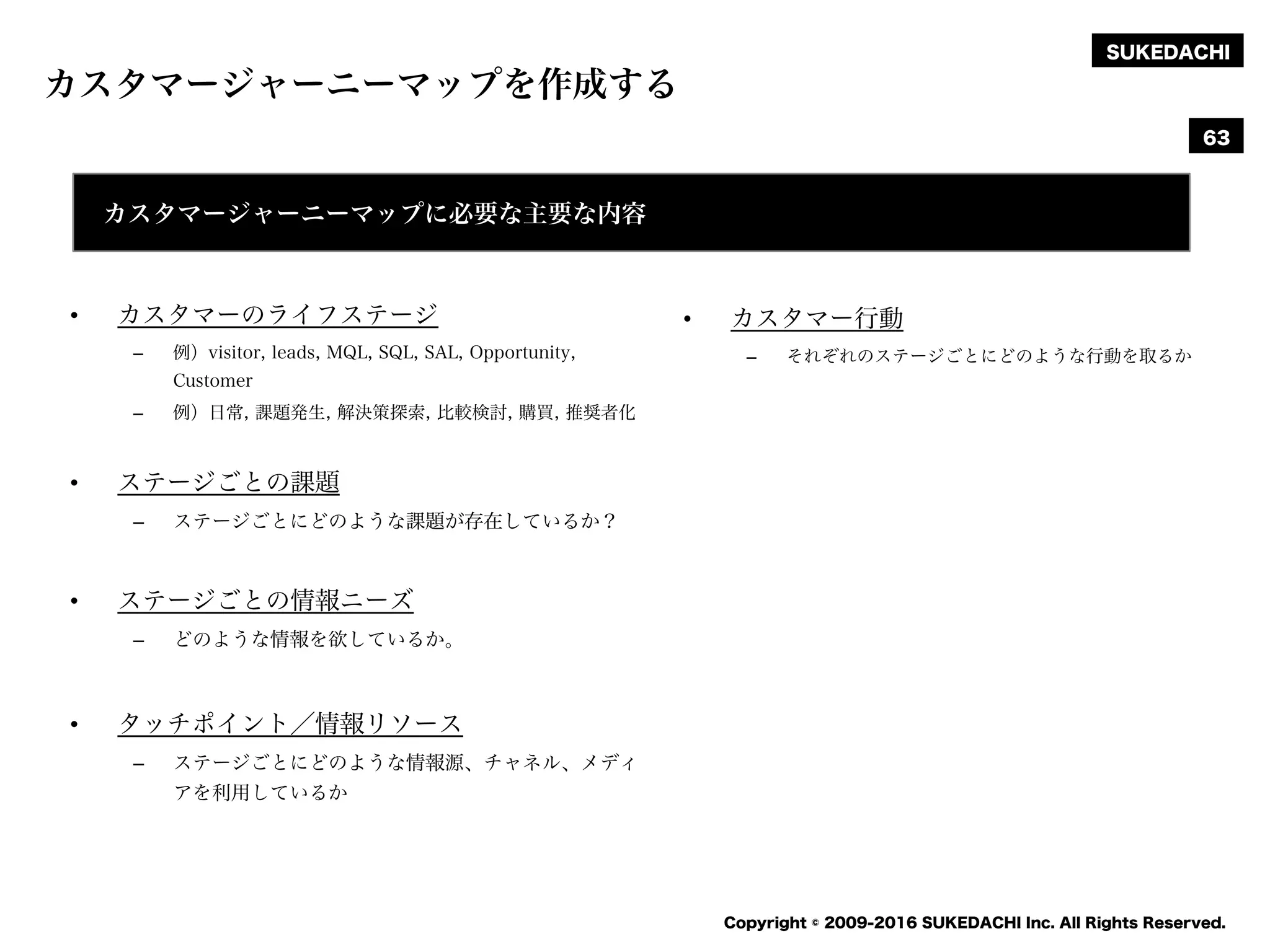 SUKEDACHI
Copyright © 2009-2016 SUKEDACHI Inc. All Rights Reserved.
カスタマージャーニーマップを作成する
• カスタマーのライフステージ
– 例）visitor, leads, MQL, SQL, SAL, Opportunity,
Customer
– 例）日常, 課題発生, 解決策探索, 比較検討, 購買, 推奨者化
• ステージごとの課題
– ステージごとにどのような課題が存在しているか？
• ステージごとの情報ニーズ
– どのような情報を欲しているか。
• タッチポイント／情報リソース
– ステージごとにどのような情報源、チャネル、メディ
アを利用しているか
63
カスタマージャーニーマップに必要な主要な内容
• カスタマー行動
– それぞれのステージごとにどのような行動を取るか
 