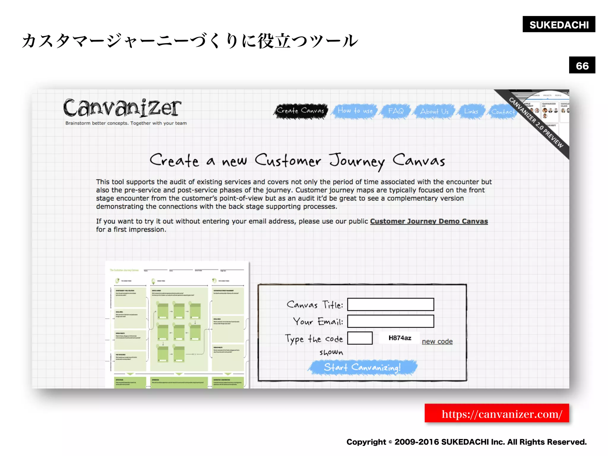 SUKEDACHI
Copyright © 2009-2016 SUKEDACHI Inc. All Rights Reserved.
カスタマージャーニーづくりに役立つツール
66
https://canvanizer.com/
 