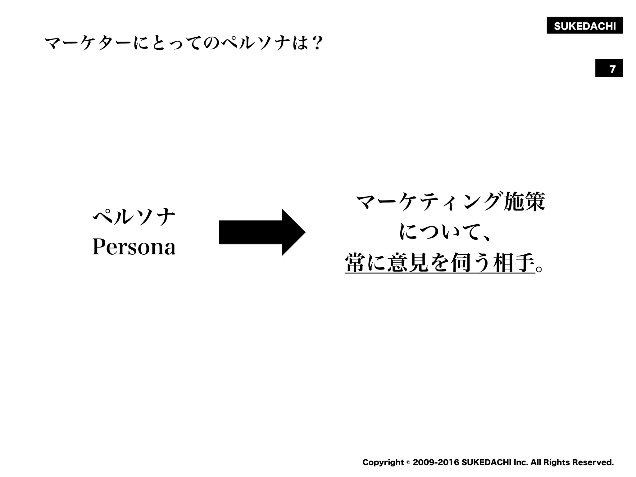 SUKEDACHI
Copyright © 2009-2016 SUKEDACHI Inc. All Rights Reserved.
マーケターにとってのペルソナは？
7
ペルソナ
Persona
マーケティング施策
について、
常に意見を伺う相手。
 