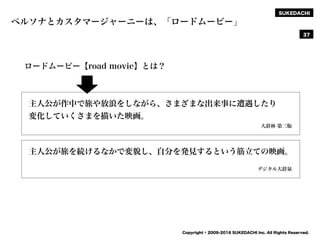 SUKEDACHI
Copyright © 2009-2016 SUKEDACHI Inc. All Rights Reserved.
37
ペルソナとカスタマージャーニーは、「ロードムービー」
主人公が旅を続けるなかで変貌し、自分を発見するという筋立ての映画。
デジタル大辞泉
主人公が作中で旅や放浪をしながら、さまざまな出来事に遭遇したり
変化していくさまを描いた映画。
大辞林 第三版
ロードムービー【road movie】とは？
 