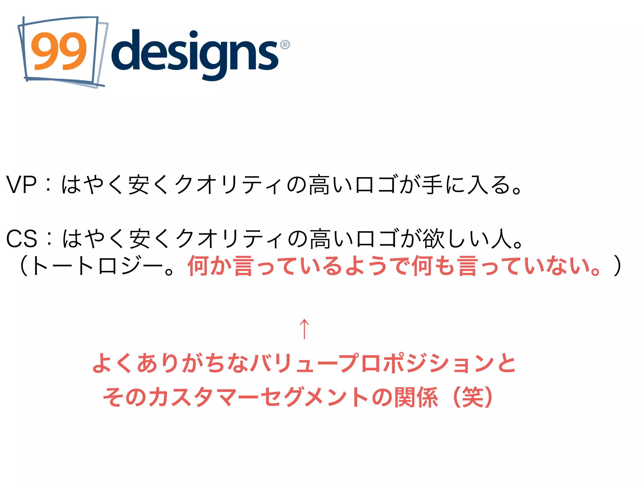 VP：はやく安くクオリティの高いロゴが手に入る。
CS：はやく安くクオリティの高いロゴが欲しい人。
（トートロジー。何か言っているようで何も言っていない。）
↑
よくありがちなバリュープロポジションと
そのカスタマーセグメントの関係（笑）
 