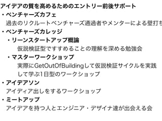 アイデアの質を高めるためのエントリー前後サポート
・ベンチャーズカフェ
 過去のリクルートベンチャーズ通過者やメンターによる壁打ち
・ベンチャーズカレッジ
 ・リーンスタートアップ概論
   仮説検証型ですすめることの理解を深める勉強会
 ・マスターワークショップ
   実際にGetOutOfBuildingして仮説検証サイクルを実践
   して学ぶ1日型のワークショップ
・アイデアソン
 アイディア出しをするワークショップ 
・ミートアップ
 アイデアを持つ人とエンジニア・デザイナ達が出会える会
 