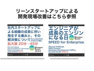 リーンスタートアップによる
開発現場改善はこちら参照
http://www.slideshare.net/i2key/45-developers-summit-2015-devsumi-devsumib http://www.slideshare.net/i2key/devsumi-natsumic7
 
