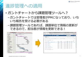 Copyright© Growth xPartners, Inc. All rights reserved.
進捗管理への適用
• ガントチャートから課題管理ツールへ？
–ガントチャートでは管理者がPMになっており、いち
いち報告を受ける必要がある
–課題管理ツールであれば、課題単位で情報の更新が
できるので、担当者が情報を更新できる！
17
 