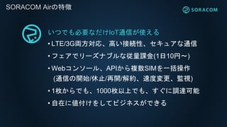 ĤǤҪʤIoTͨŤʹ
? LTE/3GIꡢߤӾAԡ奢ͨ
? եǥ`ʥ֥ʏn(110?)
? Web󥽩`롢API}SIMһ
(ͨŤ_ʼ/ֹ/_/sٶȉOҕ)
? 1öǤ⡢1000öϤǤ⡢{_
? ڤ˂򤷤ƥӥͥǤ
SORACOM Air؏
 