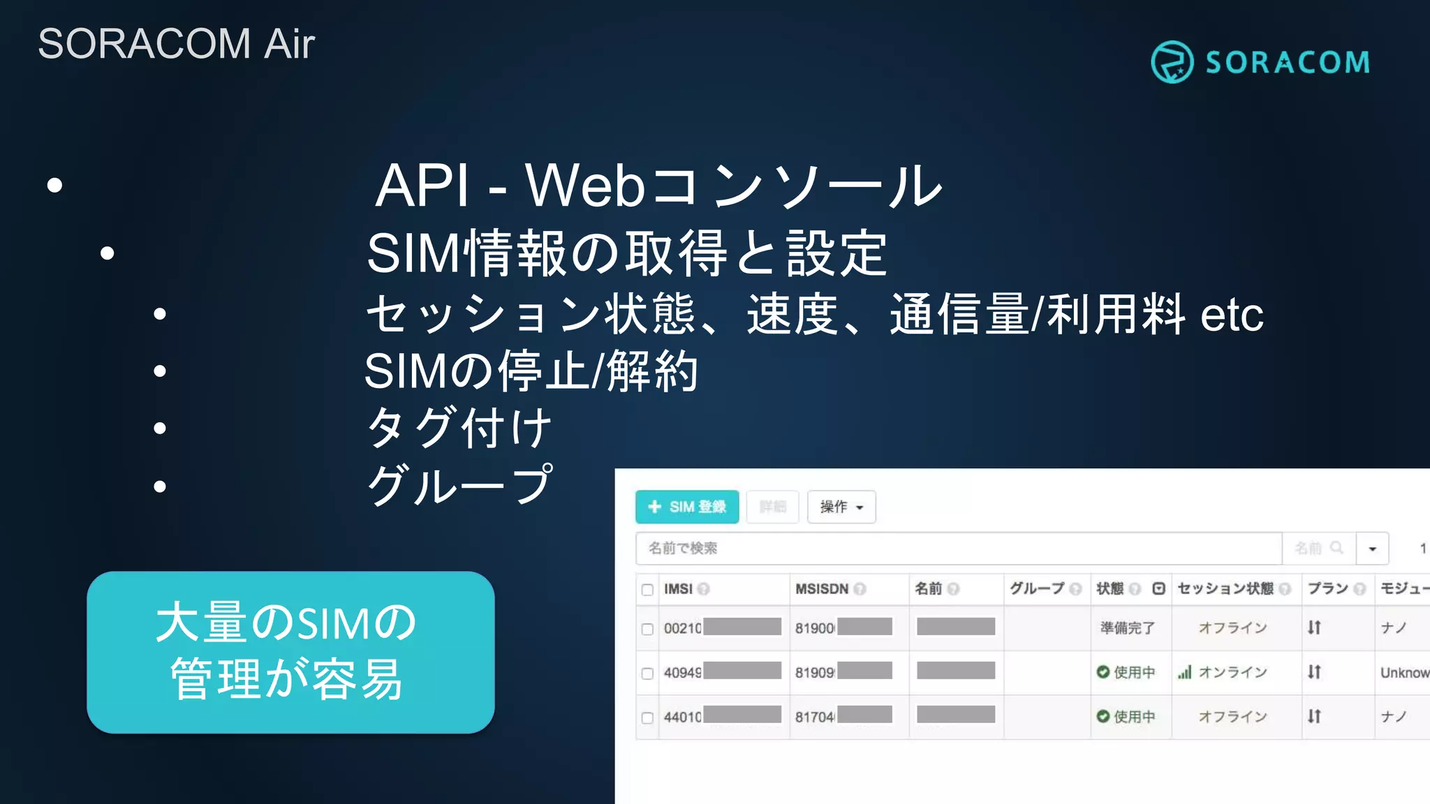 SORACOM Air
• API - Webコンソール
• SIM情報の取得と設定
• セッション状態、速度、通信量/利用料 etc
• SIMの停止/解約
• タグ付け
• グループ
大量のSIMの
管理が容易
 