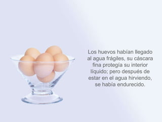 Los huevos habían llegado al agua frágiles, su cáscara fina protegía su interior líquido; pero después de estar en el agua hirviendo, se había endurecido. 