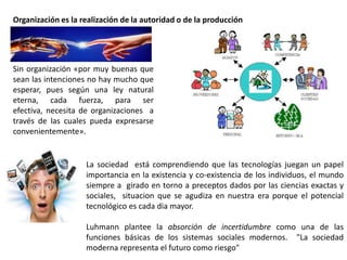 Organización es la realización de la autoridad o de la producción




Sin organización «por muy buenas que
sean las intenciones no hay mucho que
esperar, pues según una ley natural
eterna, cada fuerza, para ser
efectiva, necesita de organizaciones a
través de las cuales pueda expresarse
convenientemente».


                    La sociedad está comprendiendo que las tecnologías juegan un papel
                    importancia en la existencia y co-existencia de los individuos, el mundo
                    siempre a girado en torno a preceptos dados por las ciencias exactas y
                    sociales, situacion que se agudiza en nuestra era porque el potencial
                    tecnológico es cada dia mayor.

                    Luhmann plantee la absorción de incertidumbre como una de las
                    funciones básicas de los sistemas sociales modernos. "La sociedad
                    moderna representa el futuro como riesgo"
 