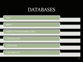 DATABASES
11
OPAC
EBSCO
EMERALD MANAGEMENT XTRA
TURNITIN.COM
CAPITALINE
CIME SERVICES
 