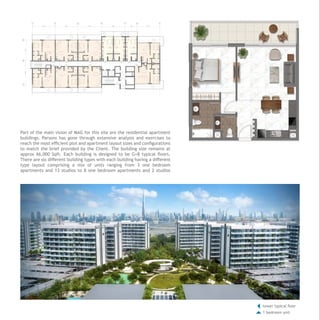 Part of the main vision of MAG for this site are the residential apartment
buildings. Parsons has gone through extensive analysis and exercises to
reach the most efficient plot and apartment layout sizes and configurations
to match the brief provided by the Client. The building size remains at
approx 66,000 Sqft. Each building is designed to be G+8 typical floors.
There are six different building types with each building having a different
type layout comprising a mix of units ranging from 3 one bedroom
apartments and 13 studios to 8 one bedroom apartments and 2 studios
tower typical floor
1 bedroom unit
 