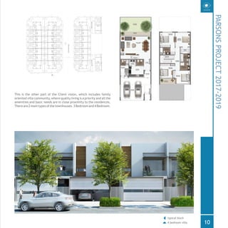 PARSONSPROJECT2017-2019
10
This is the other part of the Client vision, which includes family
oriented villa community, where quality living is a priority and all the
amenities and basic needs are in close proximity to the residences.
Thereare2maintypesofthetownhouses.3Bedroomand4Bedroom.
MAGEYE
typical block
4 bedroom villa
 