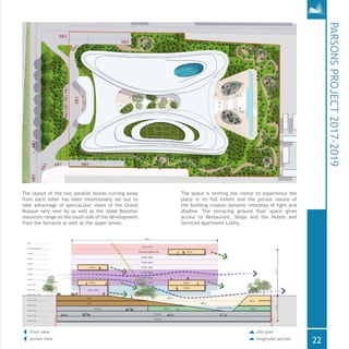 site plan
longitudal section
22
PARSONSPROJECT2017-2019
The layout of the two parallel blocks curving away
from each other has been intentionally set out to
take advantage of spectacular views of the Grand
Mosque very near by as well as the Jebel Bawshar
mountain range on the south side of the development
from the terraces as well as the upper levels.
The space is inviting the visitor to experience the
place in its full extent and the porous nature of
the building creates dynamic interplay of light and
shadow. The terracing ground floor space gives
access to Restaurant, Shops and the Hotels and
Serviced Apartment Lobby.
front view
atrium view
 