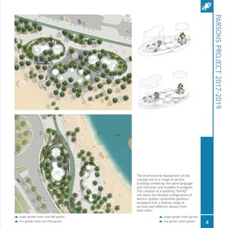 PARSONSPROJECT2017-2019
4
The Architectural deployment of the
concept led to a range of service
buildings unified by the same language
and character and scalable in program.
The creation of a building “family”
will allow the flexible configuration of
service clusters (amenities gardens)
equipped with a diverse range of
services and different always from
each other.
single gender toilet garden
mix gender toilet garden
single gender toilet and F&B garden
mix gender toilet and F&B garden
 