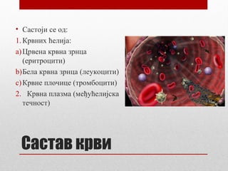 • Састоји се од:
1. Крвних ћелија:
a) Црвена крвна зрнца
(еритроцити)
b)Бела крвна зрнца (леукоцити)
c) Крвне плочице (тромбоцити)
2. Крвна плазма (међућелијска
течност)

Састав крви

 