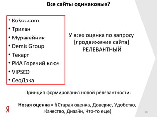 Все сайты одинаковые?

• Kokoc.com
• Трилан
• Муравейник            У всех оценка по запросу
                          [продвижение сайта]
• Demis Group
                             РЕЛЕВАНТНЫЙ
• Текарт
• РИА Горячий ключ
• VIPSEO
• СеоДока
     Принцип формирования новой релевантности:

   Новая оценка = f(Старая оценка, Доверие, Удобство,
             Качество, Дизайн, Что-то еще)              26
 