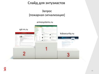 Слайд для энтузиастов

                   Запрос
           [пожарная сигнализация]

               armosystems.ru

spt-m.ru
                                ksbsecurity.ru




                                                 30
 