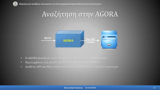 • Η AGORA βασίζεται στην πλατφόρμα αναζήτησης Elasticsearch
• Περιλαμβάνει ένα μεγάλο αριθμό από projects του GitHub
• Διαθέτει API και δίνει τη δυνατότητα αναζήτησης με δομημένο ερώτημα
Αναζήτηση στην AGORA
Εξόρυξη από Αποθήκες Λογισμικού για Επαναχρησιμοποίηση Οδηγούμενη από Ελέγχους
AGORA
Query Top 200
results
Κατιρτζής Νικόλαος 15-10-2014 13
 