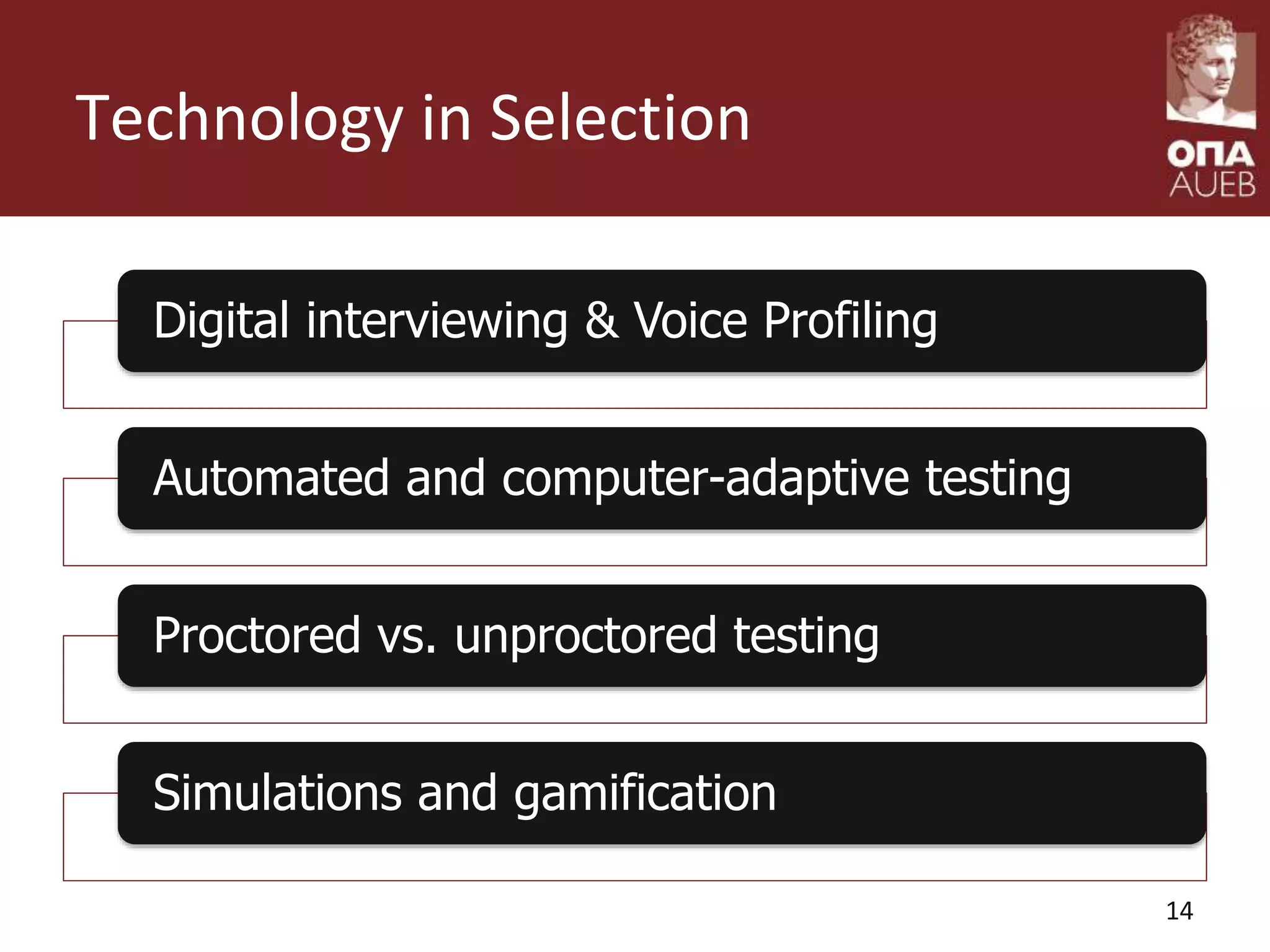 Technology in Selection
14
Digital interviewing & Voice Profiling
Automated and computer-adaptive testing
Proctored vs. unproctored testing
Simulations and gamification
 