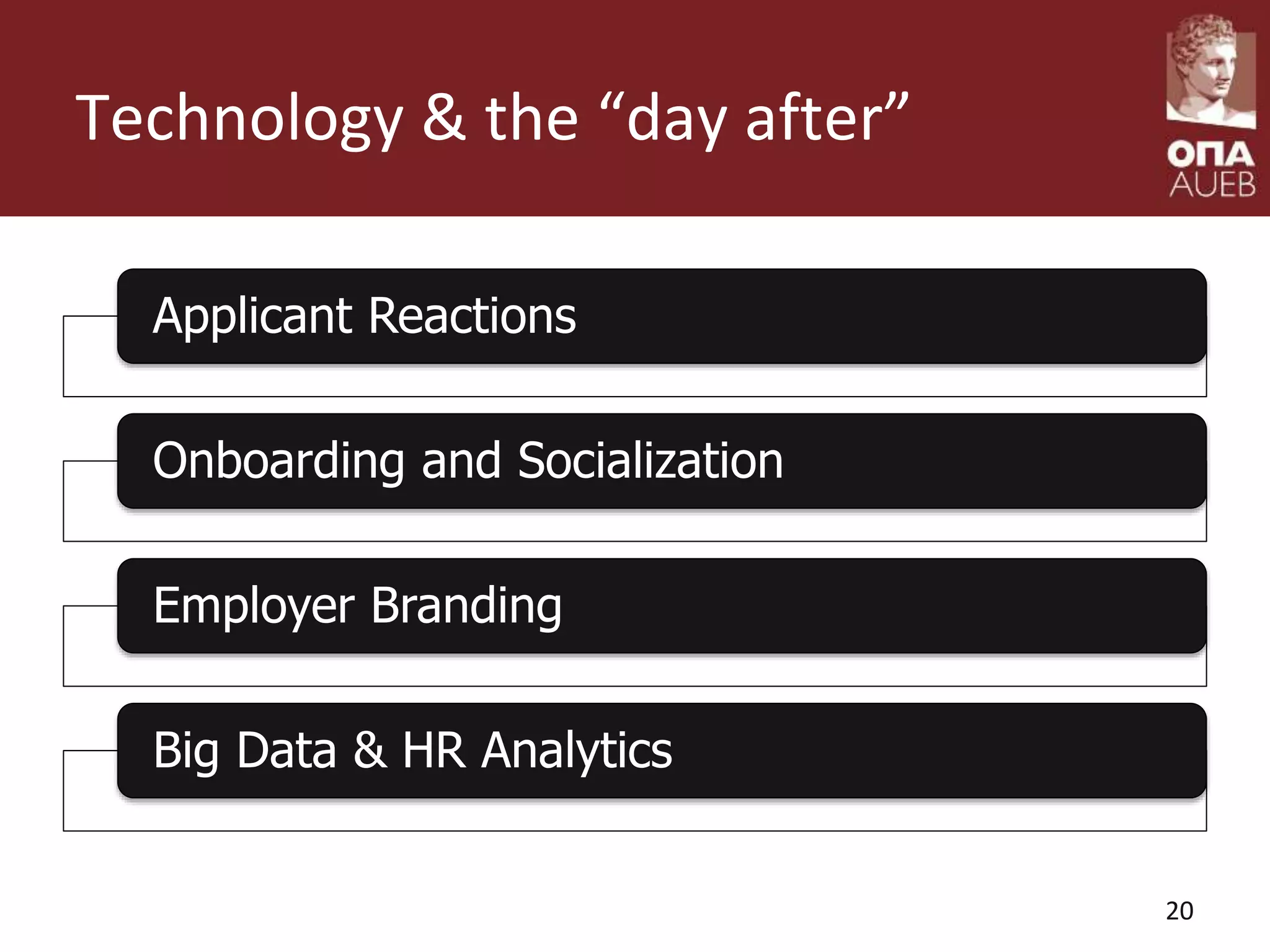 Technology & the “day after”
20
Applicant Reactions
Onboarding and Socialization
Employer Branding
Big Data & HR Analytics
 