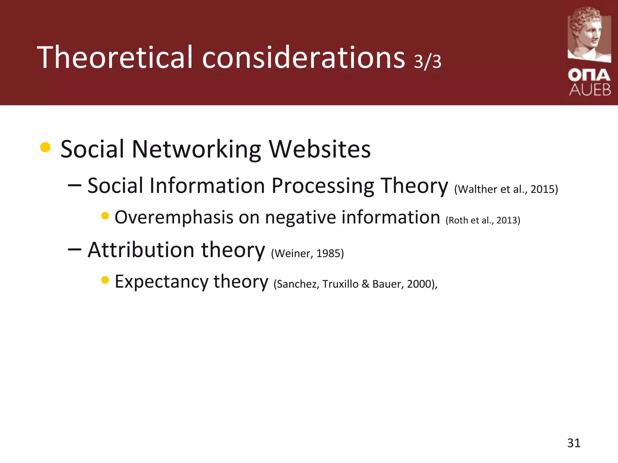 Theoretical considerations 3/3
• Social Networking Websites
– Social Information Processing Theory (Walther et al., 2015)
•Overemphasis on negative information (Roth et al., 2013)
– Attribution theory (Weiner, 1985)
•Expectancy theory (Sanchez, Truxillo & Bauer, 2000),
31
 