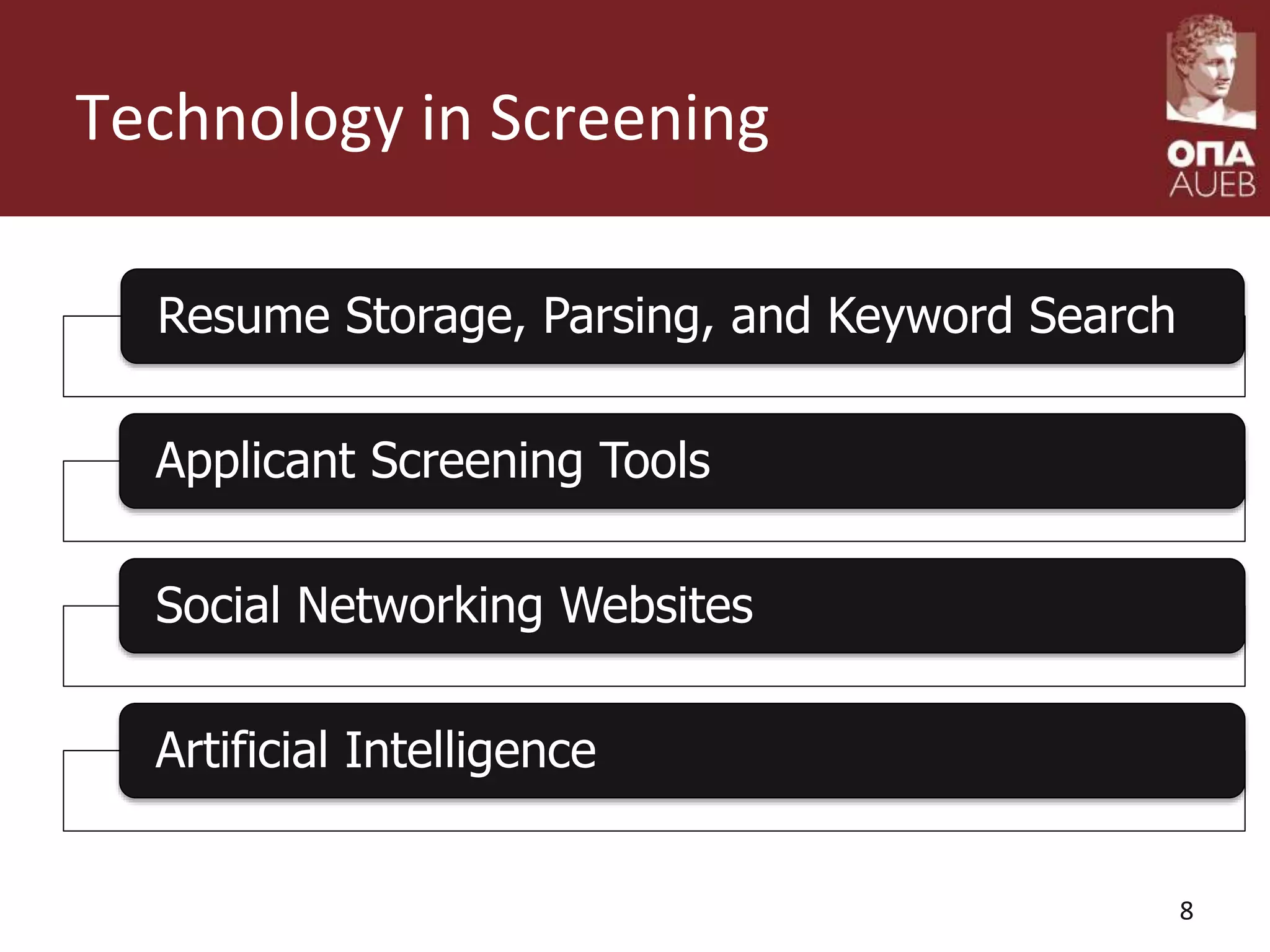 Technology in Screening
8
Resume Storage, Parsing, and Keyword Search
Applicant Screening Tools
Social Networking Websites
Artificial Intelligence
 