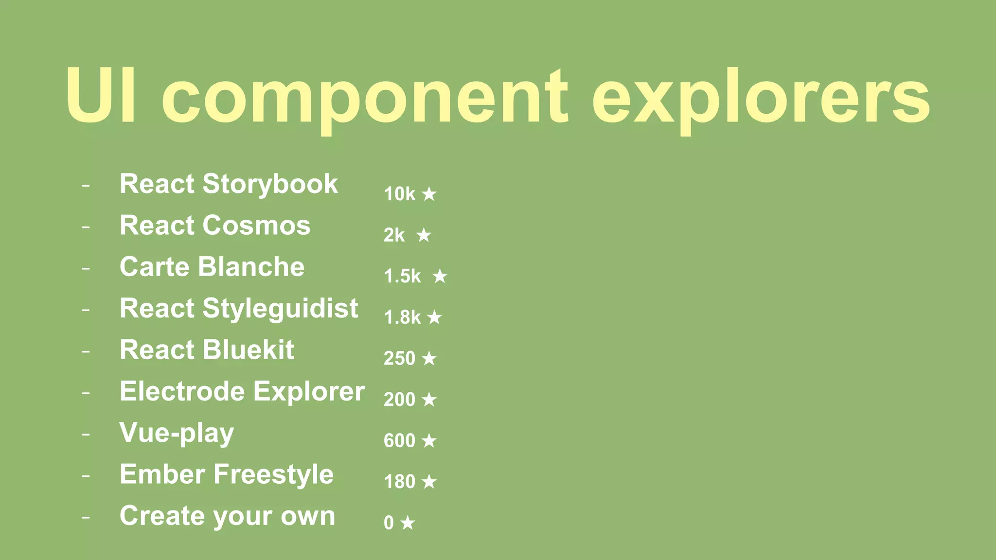 UI component explorers
- React Storybook
- React Cosmos
- Carte Blanche
- React Styleguidist
- React Bluekit
- Electrode Explorer
- Vue-play
- Ember Freestyle
- Create your own
10k ★
2k ★
1.5k ★
1.8k ★
250 ★
200 ★
600 ★
180 ★
0 ★
 