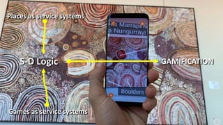 • service systems that generate gameful experiences, where the core service is providing hedonic experiences, and
enabling service is the interaction with the player. (Huotari and Hamari, 2016)
• …service systems, in that they constitute a combination of both operand and operant resources, which are
integrated to develop an offer (value proposition) to potential users. (Warnaby and Medway, 2015, p. 417)
Games as service systems
Places as service systems
6
GAMIFICATIONS-D Logic
 