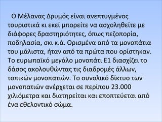 Ο Μέλανας Δρυμός είναι ανεπτυγμένος
τουριστικά κι εκεί μπορείτε να ασχοληθείτε με
διάφορες δραστηριότητες, όπως πεζοπορία,
ποδηλασία, σκι κ.ά. Ορισμένα από τα μονοπάτια
του μάλιστα, ήταν από τα πρώτα που ορίστηκαν.
Το ευρωπαϊκό μεγάλο μονοπάτι Ε1 διασχίζει το
δάσος ακολουθώντας τις διαδρομές άλλων,
τοπικών μονοπατιών. Το συνολικό δίκτυο των
μονοπατιών ανέρχεται σε περίπου 23.000
χιλιόμετρα και διατηρείται και εποπτεύεται από
ένα εθελοντικό σώμα.
 