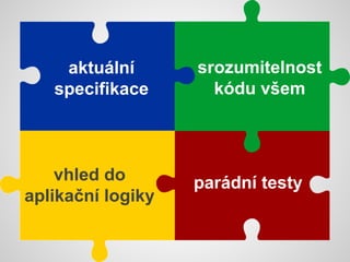 aktuální
specifikace
vhled do
aplikační logiky
srozumitelnost
kódu všem
parádní testy
 