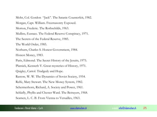 Mohr, Col. Gordon “Jack”. The Satanic Counterfeit, 1982.
Morgan, Capt. William. Freemasonry Exposed.
Morton, Frederic. The Rothschilds, 1963.
Mullins, Eustace. The Federal Reserve Conspiracy, 1971.
The Secrets of the Federal Reserve, 1985.
The World Order, 1985.
Norburn, Charles S. Honest Government, 1984.
Honest Money, 1983.
Paris, Edmond. The Secret History of the Jesuits, 1975.
Platnick, Kenneth V. Great mysteries of History, 1971.
Quigley, Carrol. Tradgedy and Hope.
Rastow, W. W. The Dynamics of Soviet Society, 1954.
Relfe, Mary Stewart. The New Money System, 1982.
Schermerhorn, Richard, A. Society and Power, 1961.
Schlafly, Phyllis and Chester Ward. The Betrayers, 1968.
Seamen, L. C. B. From Vienna to Versailles, 1963.
Fondacioni i Rinisë Islame — Cyrih

www.islamischen.ch

e-mail: info@islamischen.ch

275

 