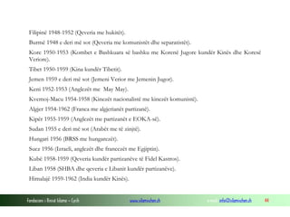 Filipinë 1948-1952 (Qeveria me hukitët).
Burmë 1948 e deri më sot (Qeveria me komunistët dhe separatistët).
Kore 1950-1953 (Kombet e Bashkuara së bashku me Korenë Jugore kundër Kinës dhe Koresë
Veriore).
Tibet 1950-1959 (Kina kundër Tibetit).
Jemen 1959 e deri më sot (Jemeni Verior me Jemenin Jugor).
Keni 1952-1953 (Anglezët me May May).
Kvemoj-Macu 1954-1958 (Kinezët nacionalistë me kinezët komunistë).
Algjer 1954-1962 (Franca me algjerianët partizanë).
Kipër 1955-1959 (Anglezët me partizanët e EOKA-së).
Sudan 1955 e deri më sot (Arabët me të zinjtë).
Hungari 1956 (BRSS me hungarezët).
Suez 1956 (Izraeli, anglezët dhe francezët me Egjiptin).
Kubë 1958-1959 (Qeveria kundër partizanëve të Fidel Kastros).
Liban 1958 (SHBA dhe qeveria e Libanit kundër partizanëve).
Himalajë 1959-1962 (India kundër Kinës).

Fondacioni i Rinisë Islame — Cyrih

www.islamischen.ch

e-mail: info@islamischen.ch

44

 