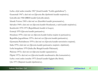 Lufta e dytë arabo-izraelite 1967 (Izraeli kundër “Luftës gjashtditore”).
Guatemalë 1967 e deri më sot (Qeveria dhe djathtistët kundër majtistëve).
Çekosllovaki 1968 (BRSS kundër Çekosllovakisë).
Irlanda Veriore 1969 e deri më sot (Katolikët kundër protestantëve).
Salvador 1969 e deri më sot (Qeveria kundër Hondurasit, e tash kundër majtistëve).
Kamboxhë 1970-1975 (Republikanët kundër të kuqve).
Guinejë 1970 (Qeveria kundër partizanëve).
Honduras 1970 e deri më sot (Qeveria kundër krahut majtist të partizanëve).
Republika Jugoafrikane 1970 e deri më sot (Qeveria kundër partizanëve).
Gjermania Perëndimore 1970 e deri më sot (Qeveria kundër terroristëve majtistë).
Italia 1970 e deri më sot (Qeveria kundër partizanëve majtistë e djathtistë).
Lufta bengaliane 1970 (India dhe Bengali kundër Pakistanit).
Pakistan 1972 e deri më sot (Qeveria kundër separatistëve).
Flipinë 1972 e deri më sot (Qeveria kundër muslimanëve dhe komunistëve).
Lufta e tretë arabo-izraelite 1973 (Izraeli kundër Egjiptit dhe Sirisë).
Çile 1973 (Majtistët kundër djathtistëve).
Fondacioni i Rinisë Islame — Cyrih

www.islamischen.ch

e-mail: info@islamischen.ch

47

 