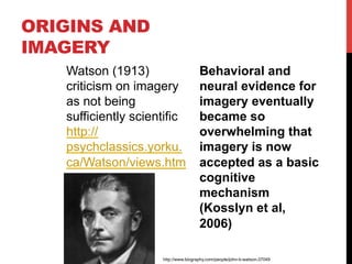 ORIGINS AND
IMAGERY
Watson (1913)
criticism on imagery
as not being
sufficiently scientific
http://
psychclassics.yorku.
ca/Watson/views.htm
Behavioral and
neural evidence for
imagery eventually
became so
overwhelming that
imagery is now
accepted as a basic
cognitive
mechanism
(Kosslyn et al,
2006)
http://www.biography.com/people/john-b-watson-37049
 