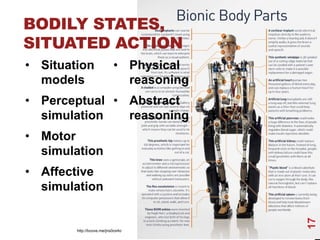 BODILY STATES,
SITUATED ACTION
•  Situation
models
•  Perceptual
simulation
•  Motor
simulation
•  Affective
simulation
•  Physical
reasoning
•  Abstract
reasoning
17
http://bcove.me/jns0ox4o
 