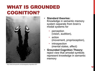 WHAT IS GROUNDED
COGNITION?
•  Standard theories:
Knowledge in semantic memory
system separate from brain’s
modal systems for
•  perception
(vision, audition),
•  action
(movement, proprioception),
•  introspection
(mental states, affect)
•  Grounded Cognition Theory:
reject view that amodal symbols
represent knowledge in semantic
memory
4
http://www.fromupnorth.com/photography-inspiration-537/
 