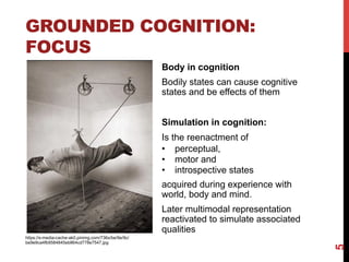 GROUNDED COGNITION:
FOCUS
Body in cognition
Bodily states can cause cognitive
states and be effects of them
Simulation in cognition:
Is the reenactment of
•  perceptual,
•  motor and
•  introspective states
acquired during experience with
world, body and mind.
Later multimodal representation
reactivated to simulate associated
qualities
5
https://s-media-cache-ak0.pinimg.com/736x/be/9e/9c/
be9e9ca4fb9584845eb864cd778e7547.jpg
 