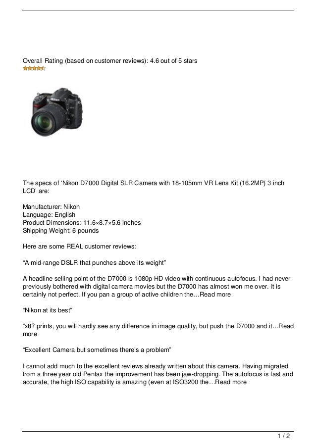 Nikon D7000 Digital Slr Camera With 18 105mm Vr Lens Kit 16 2mp 3 I Nikon D7000 Digital Slr Camera With 18 105mm Vr Lens Kit 16 2mp 3 I