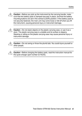 Safety




C   Caution – Before you pick up the instrument by the carrying handle, make
    sure that the battery pack is clamped securely in place, and that the battery
    mounting buttons are set in the vertical (LOCK) position. If the battery pack is
    not securely fastened, the main unit may come loose or fall off when you lift
    the instrument, causing personal injury or instrument damage.



C   Caution – Do not stack objects on the plastic carrying case, or use it as a
    stool. The plastic carrying case is unstable and its surface is slippery.
    Stacking or sitting on the plastic carrying case may cause personal injury or
    instrument damage.



C   Caution – Do not swing or throw the plumb bob. You could injure yourself or
    other people.



C   Caution – Before charging the battery pack, read the instruction manual for
    the quick charger (part number Q-75U/E).




                              Total Station DTM-502 Series Instruction Manual xi
 