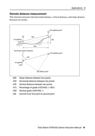 Applications 4

Remote distance measurement                                                               40.1
This function measures the horizontal distance, vertical distance, and slope distance
between two points.



                                                          2nd sighting point



                             rSD
    1st sighting                                            rVD
           point

                                   rHD

    Horizontal angle 0 direction
                                                          2nd sighting point

                      rHA


     1st sighting
            point



                                          Station point



   rSD      Slope distance between two points
   rHD      Horizontal distance between two points
   rVD      Vertical distance between two points
   rV%      Percentage of grade (rVD/rHD) × 100%
   rGD      Vertical grade (rHD/rVD) :1
   rAZ      Azimuth from first point to second point




                                         Total Station DTM-502 Series Instruction Manual 91
 