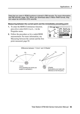 Applications 4




Data that you save in RDM functions is stored in RM records. For more information,
see RM records, page 140. When you download data in Nikon RAW format, they
are output as comment (CO) records.

Measuring between the current point and the immediately preceding point
1. To enter the RDM (Continuous) function,
   press [4] or select RDM(Cont.)in the
   Programs menu.
2. Follow the procedure as for a radial RDM
   measurement. For more information, see
   Measuring between the current and the first
   point measured, page 92.


                 Difference between “1:Cont.” and “2:Radial”

                      P3                                            P3
                                                                                  P4
                                      P4
                                                       P2
         P2


                                              P1
  P1


              1:Cont.
              (The preceding two points are             2:Radial.
              subject to calculation.)                  (Calculations are made with
                                                        reference to the first point.)




                                  Total Station DTM-502 Series Instruction Manual 93
 