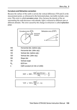 Menu Key 5

Curvature and Refraction correction
Because the surface of the earth is curved, the vertical difference (VD and Z) at the
measurement point, as referenced to the horizontal plane, inevitably includes some
error. This error is called curvature error. Also, because the density of the air
surrounding the earth decreases with altitude, light is refracted at different rates at
different altitudes. The error caused by this change in refraction is called refraction
error.


                Curvature error (A A')                    Refraction error (A A1')
                         P        A'
                                           Horizontal
                                           direction                                 A1'
                                 A                                                   A1
                        O
                                                                P                    A'




   HD             Horizontal dist. (before adj.)
   HD'            Horizontal dist. (after adj.)
   VD             Vertical dist. (before adj.)
   VD'            Vertical dist. (after adj.)
   SD             Slope dist
   VA             Vertical angle
   Re             6370 km
   k              C&R constant (0.132 or 0.200)


                                               2
                                SD sin ( 2VA )
                     HD' = HD – ----------------------------------- ⎛ 1 – k⎞
                                                                          --
                                                                           -
                                             2R e                   ⎝     2⎠


                                                2
                                HD
                     VD' = VD + ---------- ( 1 – k )
                                         -
                                 2R e




                                  Total Station DTM-502 Series Instruction Manual 133
 