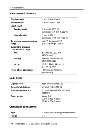 7 Specifications

Measurement intervals                                                    71.6


 Precise mode                     1 sec. (initial 1 sec.)
 Normal mode                      0.5 sec. (initial 1 sec.)
 Least count
    Precise mode                  0.1 mm (0.0005 ft.)
                                  switchable to 1 mm (0.002 ft)
    Normal mode                   1 mm (0.002 ft
                                  switchable to 10 mm (0.02 ft)
 Temperature compensation         –40 °C through +55 °C
 range                            (–40 °F through +131 °F)
 Barometric pressure
 compensation range:
    hPa                           533 hPa to 1,332 hPa
                                  (1 hPa step)
    mm Hg                         400 mm to 999 mm Hg
                                  (1 mm Hg step)
    in. Hg                        15.8 in. Hg to 39.3 in. Hg
                                  (0.1 in. Hg step)
 Prism offset correction          –999 mm to +999 mm
                                  (1 mm step)

Lumi-guide                                                               71.7


 Light source                     High luminescence LED
 Operational distance             At least 100 m (330 ft)
 Positioning accuracy             6 cm at 100 m (2.4 in. at 330 ft)
                                  (approx.)
 Beam spread                      About 1.5°
                                  2.6 m at 100 m point
                                  (8.5 ft at 330 ft point)

Clamps/tangent screws                                                    71.8


 Type                             2 speed, coaxial tangent/clamp knobs
 Range                            ±4°


178 Total Station DTM-502 Series Instruction Manual
 
