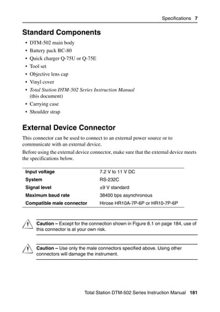 Specifications 7


Standard Components                                                               7.2

 • DTM-502 main body
 • Battery pack BC-80
 • Quick charger Q-75U or Q-75E
 • Tool set
 • Objective lens cap
 • Vinyl cover
 • Total Station DTM-502 Series Instruction Manual
   (this document)
 • Carrying case
 • Shoulder strap


External Device Connector                                                         7.3

This connector can be used to connect to an external power source or to
communicate with an external device.
Before using the external device connector, make sure that the external device meets
the specifications below.

 Input voltage                       7.2 V to 11 V DC
 System                              RS-232C
 Signal level                        ±9 V standard
 Maximum baud rate                   38400 bps asynchronous
 Compatible male connector           Hirose HR10A-7P-6P or HR10-7P-6P




C     Caution – Except for the connection shown in Figure 8.1 on page 184, use of
      this connector is at your own risk.



C     Caution – Use only the male connectors specified above. Using other
      connectors will damage the instrument.




                             Total Station DTM-502 Series Instruction Manual 181
 